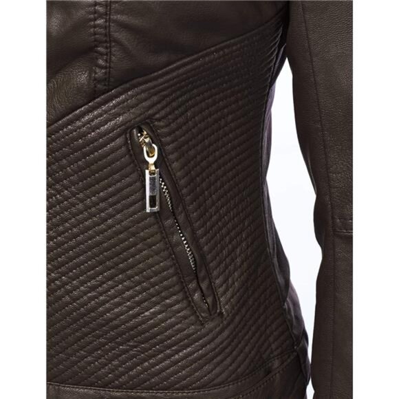 Slim Fit Stylish Vegan Leather Moto Jacket Coffee - Picture 5 of 7